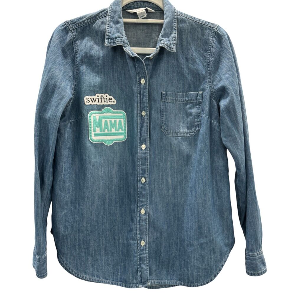 Old Navy Denim Classic Button Up Shirt Swiftie Mama Patches Soft Jean Casual
